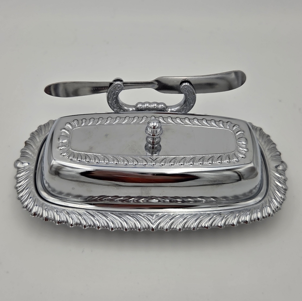 Irvinware Chrome Plated Butter Dish With Glass Insert Knife Holder